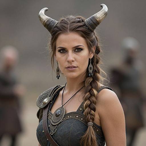 Photograph of a fierce, dark-haired woman with braided hair and large, silver-horned headgear, wearing medieval armor and intricate jewelry,