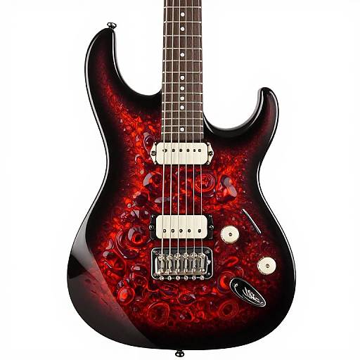 Photograph of a glossy black electric guitar with intricate red floral patterns, white control knobs, and dual pickups against a white background.