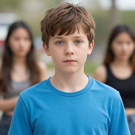 Photograph of a young boy with short brown hair, blue eyes, and a blue shirt, standing in front of two blurred girls.