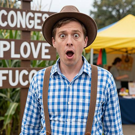 Photograph of a surprised man with wide eyes, wearing a brown hat, blue checkered shirt, and brown suspenders, in front of a 