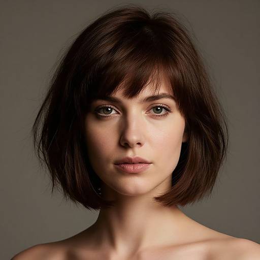 Photograph of a fair-skinned woman with short, dark brown, slightly tousled hair, blue eyes, and neutral expression, against a plain gray