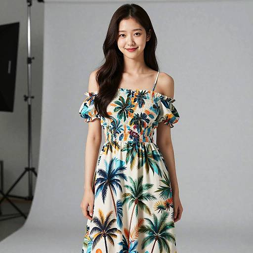 Photograph of a smiling Asian woman with long black hair, wearing an off-shoulder, tropical-patterned dress, standing in front of a white