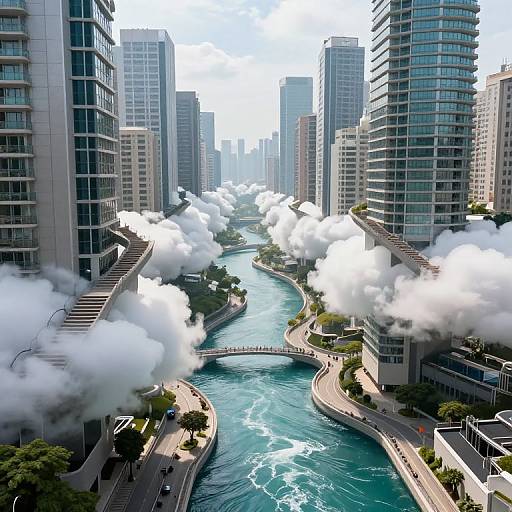 Gravity-Flowing Floating Cityscape