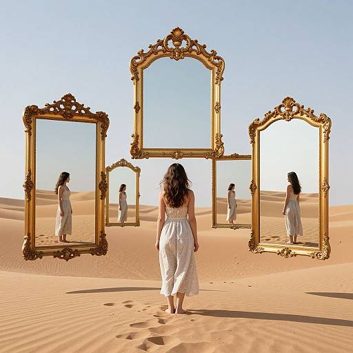 Photograph: Woman in white dress stands in desert, facing ornate gold mirrors reflecting her image, with sunlit sand dunes in background.