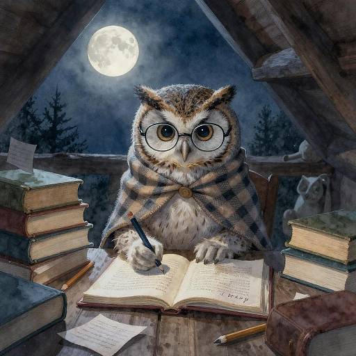 Digital illustration of a wise, owl with glasses, wearing a striped scarf, writing in a book under a full moon. Stacks of books and a