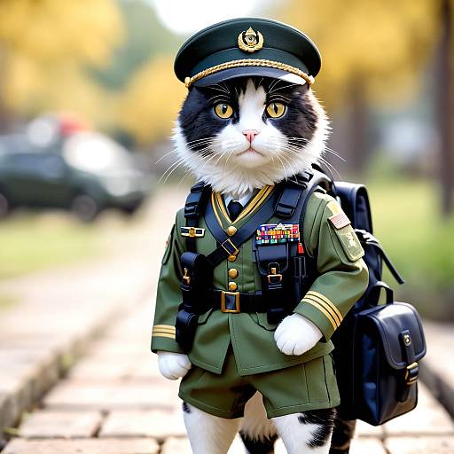 Cat in Military Uniform Standing Outdoors
