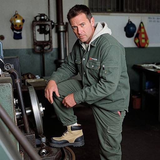 Photograph of a middle-aged white man with short dark hair, wearing green work overalls and tan boots, leaning on industrial machinery in a dimly