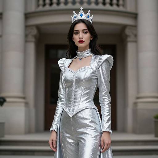 Photograph of a fair-skinned woman with dark hair, wearing a silver metallic gown and crown, standing in front of a classical stone building.