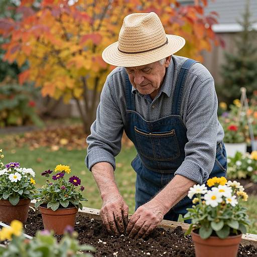 Photograph of an elderly man in a straw hat and blue overalls tending potted flowers in a garden with autumn foliage.