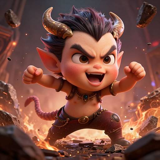 CGI image of a fierce, chubby demon child with dark hair, horns, and large eyes, shouting with fists raised, surrounded by flames and rubble