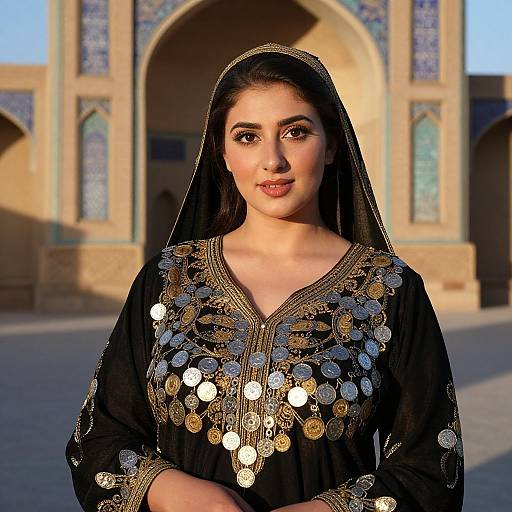 Photograph of a young woman with olive skin, dark eyes, and long black hair, wearing a black embroidered dress with silver sequins, standing in