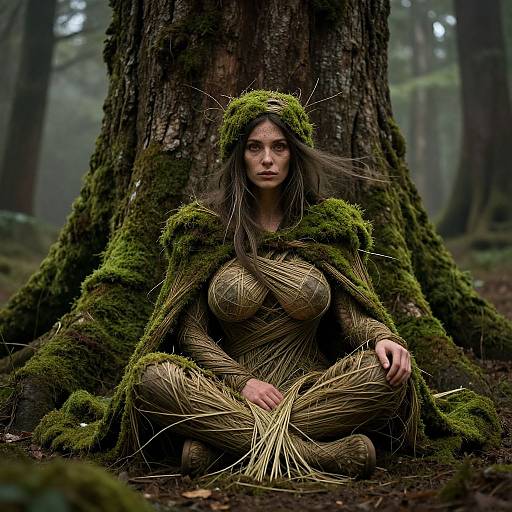 Photograph of a solemn, moss-covered woman with long brown hair, sitting cross-legged in a forest, wearing a woven, leaf-like outfit and hood