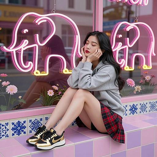 Asian Woman in Colorful Urban Setting