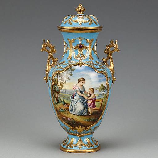 Ornate blue and gold porcelain vase with intricate gold detailing, featuring a painted scene of a woman in a blue dress and a child in pink standing