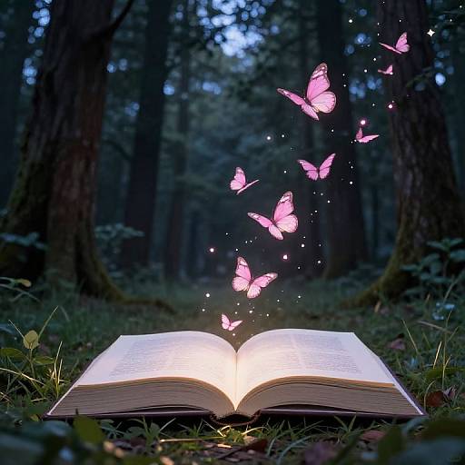 Photograph of an open glowing book in a dark forest, with pink, luminous butterflies emerging from its pages.