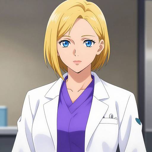 Digital anime-style drawing of a blonde-haired woman with blue eyes, wearing a white lab coat over a purple shirt, standing in a blurred indoor background.
