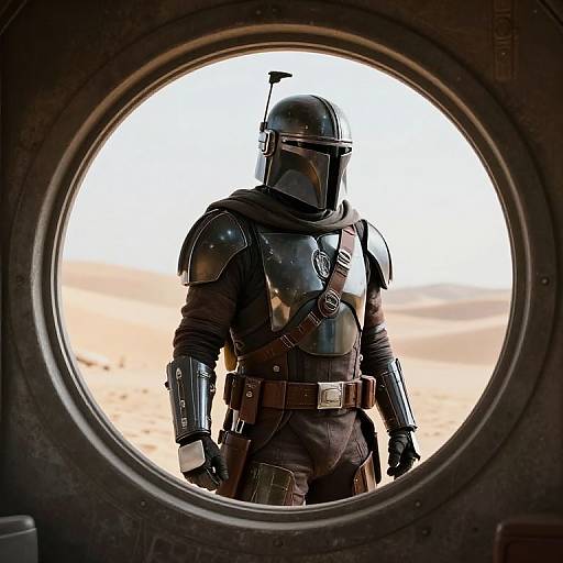 Photograph of a Mandalorian stormtrooper in black armor, viewed through a circular spaceship hatch, standing in a desert landscape.