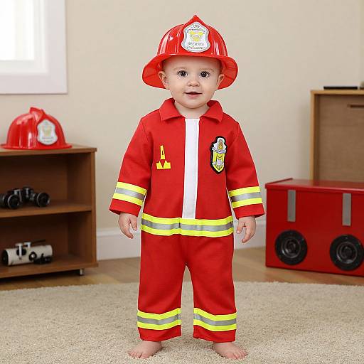 Photograph of a smiling toddler in a red firefighter outfit with yellow stripes, red helmet, standing barefoot in a living room with wooden shelves and toy