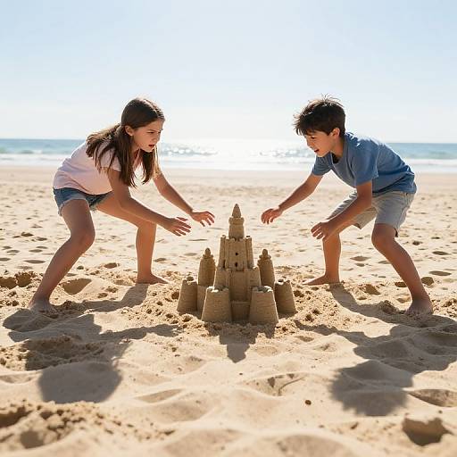 Photograph of a young girl and boy building a sandcastle on a sunny beach, both leaning forward, smiling, with bright blue sky and ocean in