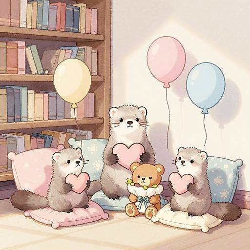 Cozy Ferret Family in Sunlit Library