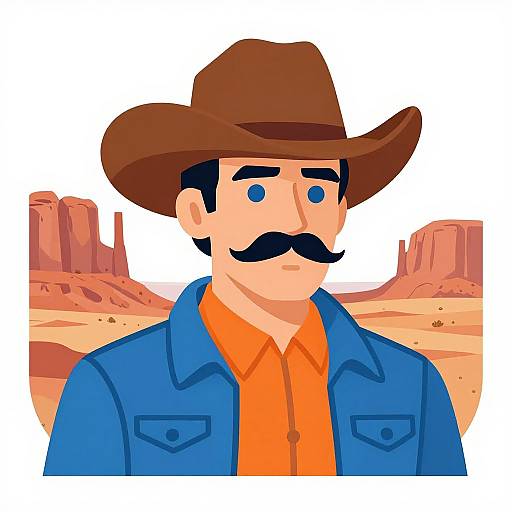 Cartoon-style drawing of a mustached man in a brown cowboy hat, blue shirt, and orange shirt, standing in a desert with red rock formations