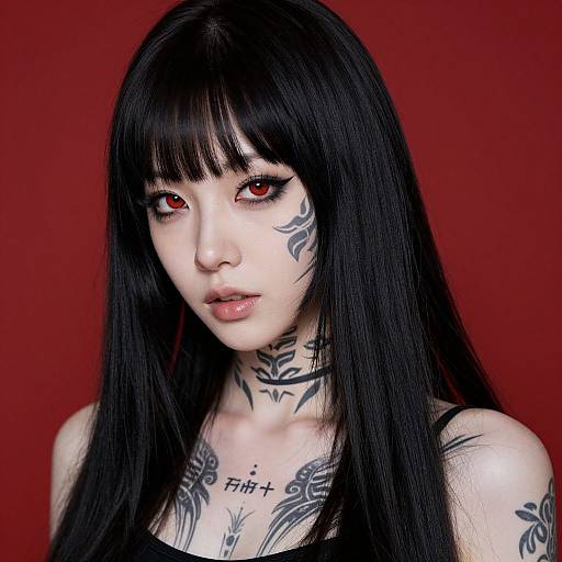 Digital portrait of an Asian woman with long black hair, red eyes, black tribal tattoos, and pale skin against a red background.