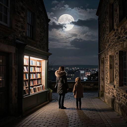 Photograph of a nighttime street with full moon, a woman in a coat and child in hooded jacket, standing before a brightly lit bookshop,