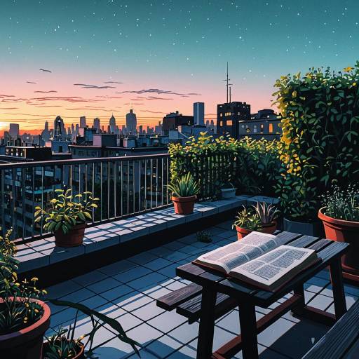 Serene Urban Rooftop Garden at Dawn Serene Urban Rooftop Garden at Dawn