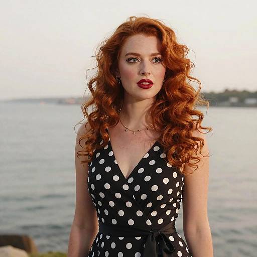 Elegant Woman with Red Curls by Waterfront