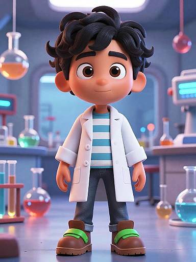 CGI cartoon of a young boy with black curly hair, wearing a white lab coat, striped shirt, blue jeans, and green shoes, standing in