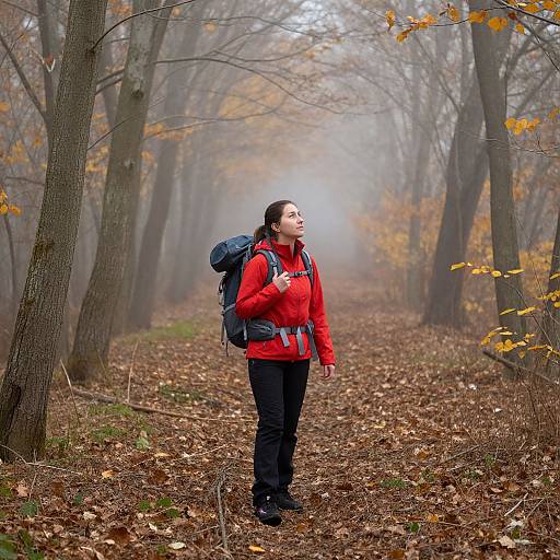Photograph of a woman with dark hair, wearing a red jacket, black pants, and backpack, standing in a foggy autumn forest.