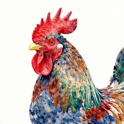Watercolor painting of a vibrant rooster with a red comb, multicolored feathers, and detailed textures, set against a white background.