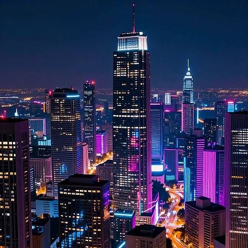 Photograph of a vibrant, neon-lit city skyline at night, featuring colorful lights on skyscrapers, with a dark blue sky and illuminated streets