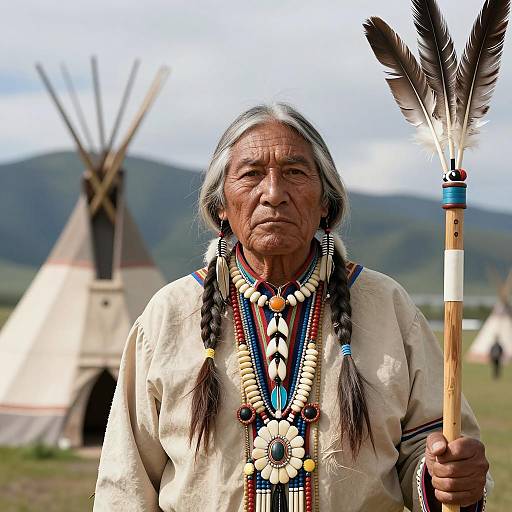 Elder Native American Man in Traditional Attire with Feathers and Teepees