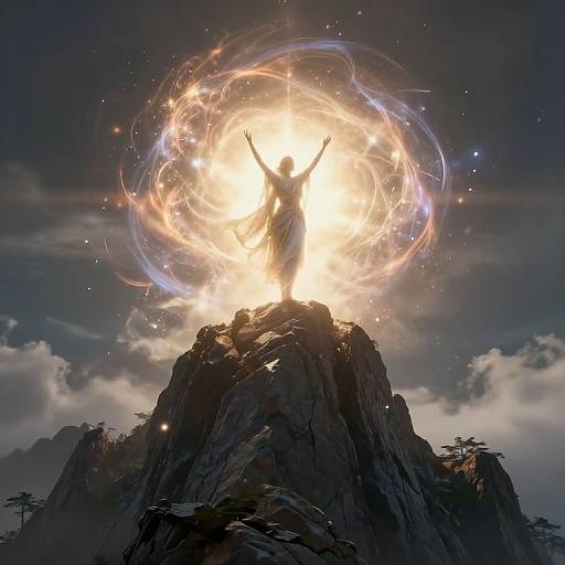 Digital artwork of a silhouetted figure with arms raised, standing atop a rocky peak, surrounded by a radiant, glowing orb of light and swirling