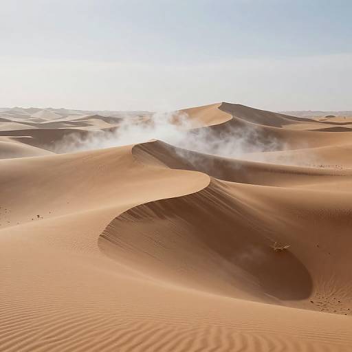 Photograph of a vast, sunlit desert with rolling sand dunes, soft orange hues, rippled textures, and a faint mist rising from the