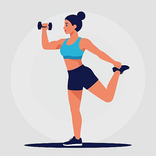 Digital illustration of a fit woman with tan skin, black hair in a bun, wearing a blue sports bra and black shorts, performing a one-legged dumb