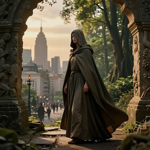 Digital artwork of a hooded woman in a dark cloak, standing in an ancient stone archway, with a sunset-lit cityscape and trees in