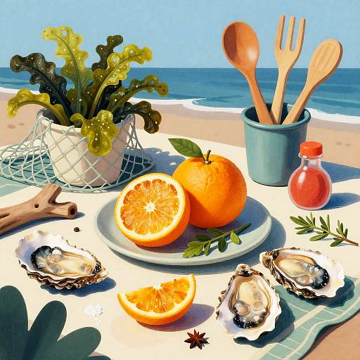 Sunlit Coastal Harvest: Citrus and Shells