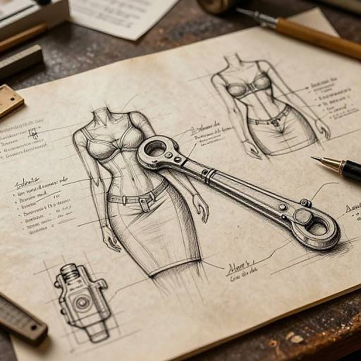 Intricate black ink sketch on parchment of a woman's torso with a large key integrated into her waist, surrounded by detailed annotations and a small camera