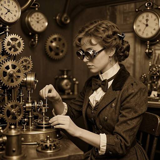 Sepia-toned photograph of a Victorian-era woman with curly hair, bow tie, and goggles, meticulously adjusting intricate clockwork gears in a steamp