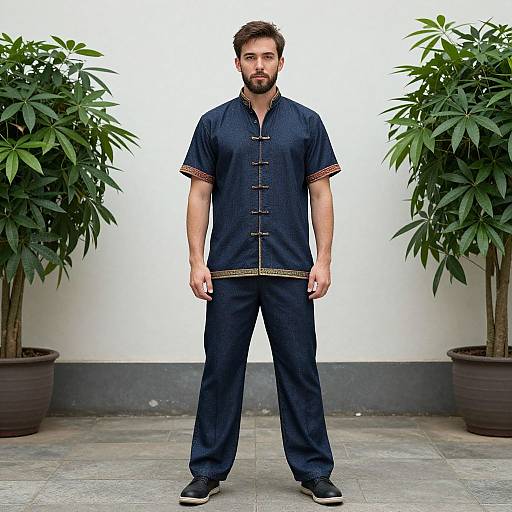 Photograph of a bearded man with short brown hair, wearing a dark blue, short-sleeved, button-up shirt and matching pants, standing