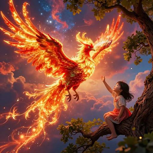 Digital artwork of a young girl with dark hair, in a red dress, reaching up to a fiery, majestic phoenix with glowing red and orange feathers,