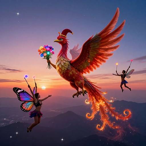 Magical sunset scene: fiery phoenix with colorful flowers, two glowing fairy-like creatures with butterfly wings, floating above mountainous horizon. Digital fantasy art.