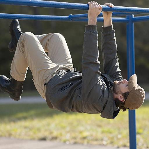 Man Hanging Upside Down from Blue Structure