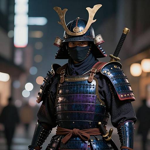 Samurai in Detailed Blue and Purple Armor