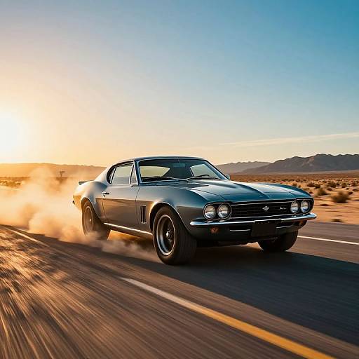 Photograph of a silver 1970s muscle car speeding on a desert highway at sunset, kicking up dust, with mountains in the background.
