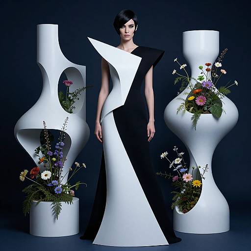 Photograph of a slender woman in a black and white geometric gown, standing between two white, flower-adorned, abstract sculptures.