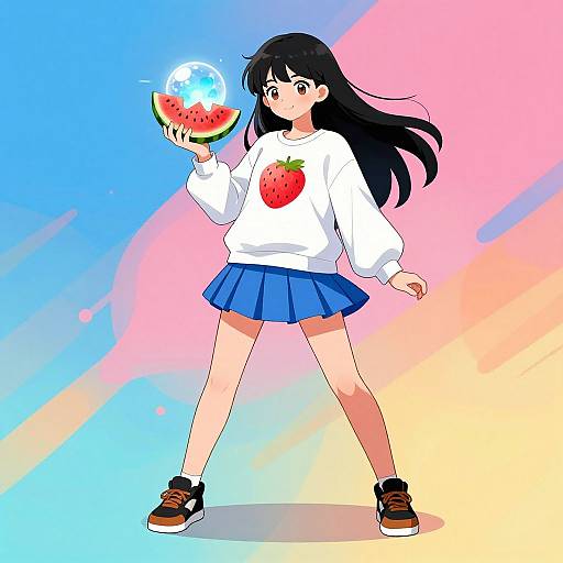 Digital anime-style drawing of a girl with long black hair, wearing a white strawberry shirt, blue skirt, and brown shoes, holding a watermelon slice