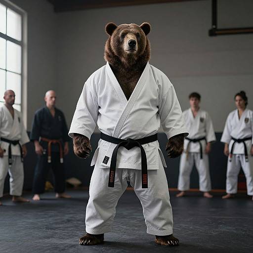 Photograph of a bear dressed in a white karate gi with black belt, standing confidently in a dim dojo, surrounded by human karate practitioners.